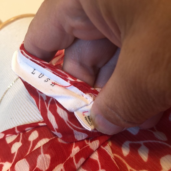 LUSH Red & White Floral Ruffle Mini Wrap Dress-Size Large - Picture 7 of 9